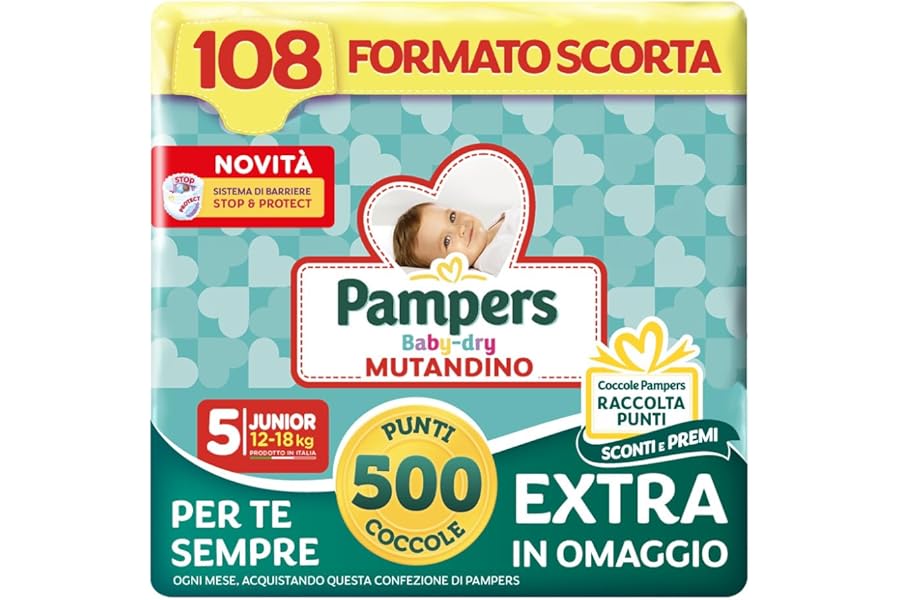 Pampers Baby Dry Junior Panties, Size 5 (12-18 kg), Stock Size, Stop & Protect Barrier, Anti-Spill, Elastic Band, Dry 12h, Easy Change, 108 Baby Nappies + 500 Free Points