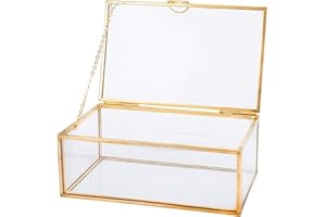 Homtone Copper Golden Vintage Glass Lidded Box, Decorative Jewelry Keepsake Display Organizer Clear Rectangle Golden Box for Wedding Party Decor (14.6x9x5.5cm, Gold)