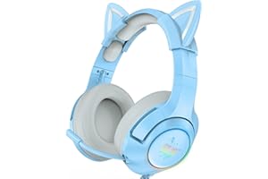 AJIJAR Gaming-Headset mit Mikrofon, Mädchen Frauen Katzenohren Kopfhörer 3,5mm Kompatibel mit PC PS4 PS5 Xbox One (ohne Adapter) Smartphone, mit Surround-Sound, RGB, Geräuschunterdrückung-Blau