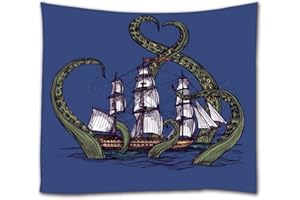 A.Monamour Arazzo da Parete Grande Mandala Schizzo Disegnato A Mano Mostro Marino Polpo Gigante Kraken Barca Pirata Onde Oceaniche Sfondo Blu Blue Telo Tessuto Tenda Tovaglia Arazzi Murale Decorazione