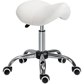 Homcom Stool with Wheels Adjustable Height 120 kg 52 x 53 x 49-61 cm White | Cosmetic Swivel Stool, Padded and Wide Seat, Den