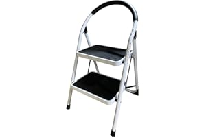 FERRETERIA LEPANTO Escalera Plegable de Metal Domestica, Taburete Plegable peldaño Extra Ancho y con Apoyabrazos Carga hasta 150 KG, (2 peldaños)