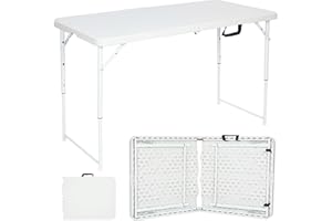 Nyxi 4ft Folding Table – White Top & Legs – Adjustable Height 56–74cm – Sturdy, Waterproof & Portable – 122Lx61Wcm for Camping, BBQs, Garden, Party Use – Heavy-Duty, Easy to Store