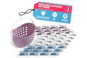 ‎CULICLEAN culiclean Wäscheklammern stabil ohne Abdruck Soft Clips mit Wäscheklammernkorb 40 Stück mit Wäscheklammernkorb/violett blau weiß Korb violett Korb statt Beutel
