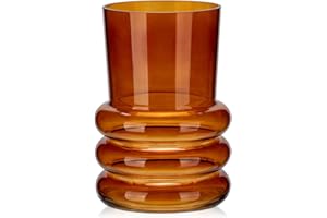 Hollyone 18cm Amber Glass Vase for Flowers, Modern Glass Vase for Home Decor, Wedding, Party, Table, Centerpiece, Shelf, Living Room, Bedroom, Kitchen Decorations