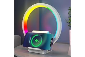 AUYLE Bluetooth Lautsprecher mit Nachttischlampe und Wireless Charger, 15W induktive ladestation, 6 RGB Modi&7 Farben, Tragbare Bluetooth-Lautsprecher mit Nachtlicht, Frauen&männer