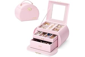 YORBAY Joyero de 3 Niveles con Cerradura y Espejo Serie Seelux Joyero para Collares, Relojes, Anillos, Pulseras, Pendientes (Rosa Claro + Dorado)