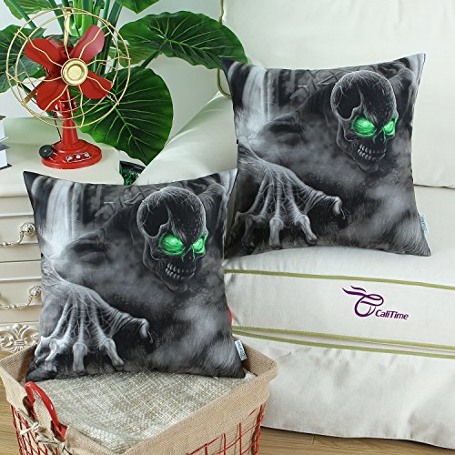 Euphoria CaliTime Home Dekorative Kissenhülle Kissen Hülle bequeme Fleece, Motiv Halloween-Totenkopf, 45 cm X 45 cm, Polyester-Mischgewebe, Green Eyes, 2pcs - 2