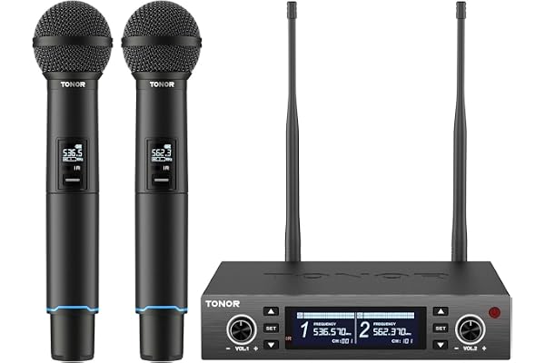 TONOR Micro sans Fil Professionnel, système de Microphone sans Fil Rechargeable, Micro Dynamique en métal 2x100 UHF pour karaoké, église, Chant, Mariage, DJ, Auto Scan, 328ft Range, TW750