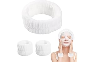 Bighan Set de Bandeau et Bracelets de Lavage de Visage, Poignets de Maquillage Absorbants, Bandeau de Soin Elastique pour Lavage du Visage, Blanc