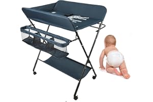 Homewell Comò fasciatoio, fasciatoio portatile, pieghevole, con fasciatoio, cintura di sicurezza, scomparti, motivo carino e indicazione dell'altezza, stabile e confortevole (blu profondo)