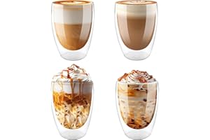 Vexillic Double-walled coffee glasses, latte macchiato glasses, set of 4, 350 ml cappuccino cups for coffee, ice cream, milk, juice, tea