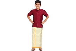 PRAKASAM COTTON- Art Silk Traditional Boys Dhoti Set, Shirt with Cream Dhoti, Gold Border, Short Sleeve (13-14 Years, Maroon), Maroon, 13 Years-14 Years