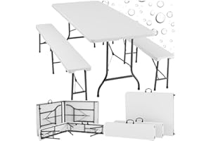 ‎TECTAKE tectake® 3-teiliges Gartenmöbel Set, klappbarer Campingtisch mit 2X Bierbank, Balkonmöbel, Garten oder Terrassentisch Set, Bierzeltgarnitur, mit Tragegriffen, 180cm lang (weiß)