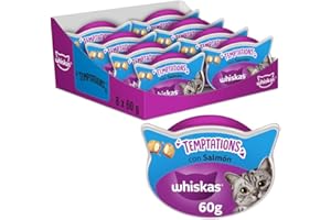 Whiskas Temptations Premios para Gatos, Sabor Salmón (Pack de 8 x 60g)