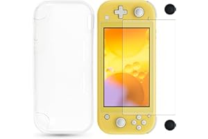 HIOIP Funda Protectora para Switch Lite 2019 TPU Transparente Anti-Choques y Antiarañazos - Incluye 2 Protectores de Pantalla de Vidrio Templado y 2 Tapas de Agarre Carcasa de Protección Completa (Negro)