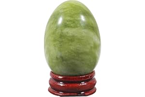 Ladeukoi Stone Egg Figurine, Polished Healing Crystal Easter Eggs Sphere Sculpture with Wood Stand, Green Jade, 1.8"
