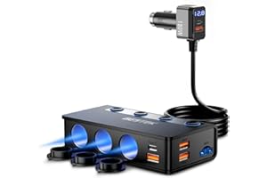 BESTEK Cargador de Coche 180 W, Cargador Coche USB-C PD USB QC3.0, Adaptador Mechero Coche 12V/24V con 3 Tomas de Mechero 6 Puertos USB con Pantalla LED para iPhone Dash CAM