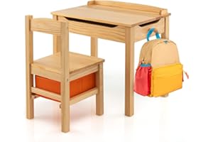 COSTWAY Table Enfant avec Chaise & Plateau Rabattable, Bureau Enfants en Bois avec Espace de Rangement, Crochet Latéral, Charge 70kg pour Tout-Petits de 3 Ans+, 59 x 40 x 55 cm (Naturel)
