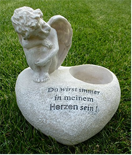 Engel sitzend auf Herz / Grabschmuck Grabdeko *für Grabkerze* grau-antik 16 cm