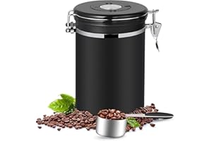 Dreamhigh® Contenitore ermetico per caffè, grana 1 kg, contenitore per caffè in acciaio inossidabile con cucchiaio dosatore, nero, 2800 ml