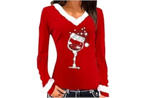Susenstone Pull Femme Noël Verre à Vin Imprimé Chemise Col Rond Manches Longues T-Shirt Pull Blouse Tops Tunique T-Shirt Chemise De Noël T-Shirt Pull De Noël Sweat Femme Chemise De Noël Chemisier