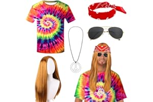 CAPANEUS Deguisement Hippie Homme Annee 70, Costume Hippie Homme avec Accessoires Hippie, T Shirt Hippie Perruque Bandeau Lunettes de Soleil Collier, 70s Déguisement Hippie pour Halloween Decoration
