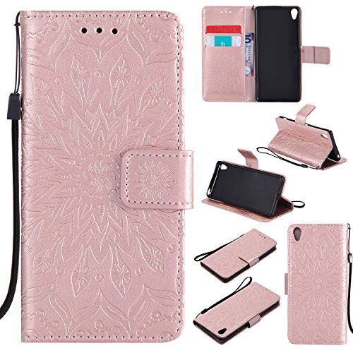 Sony Xperia XA Hülle,Sony Xperia XA Leder Sonnenblumen Hülle,Sony Xperia XA Lanyard Wallet Schutzhülle,BONROY® Retro geprägte Sonnenblumen Muster PU Leder Flip Hülle Wallet Case Tasche Cover Handytasche Schutzhülle Lederhülle Handyhülle in Book Style Stand Case mit Kredit Kartenschlitz für Sony Xperia XA-Rose Gold