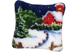 Hellery Knüpfpackung Kissen für Kinder & Erwachsene, Knüpfkissen Kissenbezug, Knüpfhaken, Knüpfset, Sofakissen Knüpfen, Knüpfteppich - Weihnachten - Schneehaus