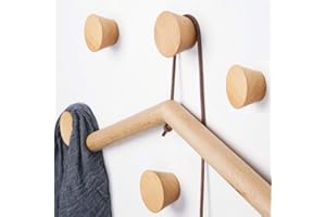 CASKIE Wooden Coat Hook 5 Pack, Wood Wall Hat Hook, Wooden Coat Peg Coat Hanger, Heavy Duty Hooks for Hanging Clothes, Coats, Hats, Robes, Towels, Bedroom, Closet, Bathroom, Entryway