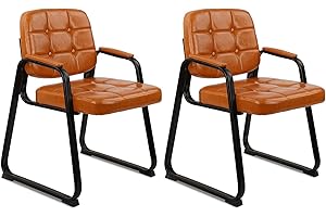 CLATINA Guest Waiting Reception Chair with Bonded Leather Thick Cushion and Padded Arm Rest, Sled Base Stationary Desk Chairs for Office Conference Meeting Lobby Hall Side Break Room, Orange, 2 Pack