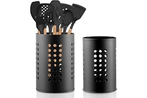 Dulynva 2 Pezzi Porta Mestoli da Cucina Scola Posate Acciaio Inox Porta Posate Nero Porta Utensili da Cucina Portamestoli Portautensili da cucina per Appoggio Tavolo Bacchette Coltelli Forchette