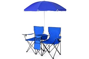 COSTWAY Sillas de Camping con Sombrilla Silla Plegable Taburete de Pesca Doble con Portavasos para Exterior Picnic Senderismo Barbacoa (Azul)