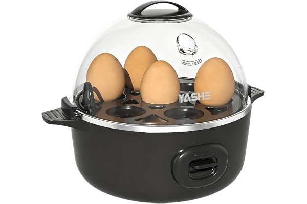 YASHE Cuiseur à œufs, capacité 7 œufs, pour œufs durs, mollets et à la coque, Fonction pocheuse et cuiseur à omelette, Plateau et bol à œufs sans BPA, Arrêt automatique, Signal sonore, Noir