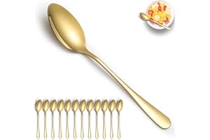 ReaNea Cucharas de cena de oro 12 piezas, cuchara de mesa chapada en oro de titanio y acero inoxidable, cucharas de sopa para el hogar, restaurante, boda, fiestas, eventos