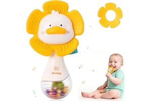 QASUN Baby Gifts Girls Boys, Teething Rattle Baby Toys 0-6 Months, Sensory Musical Toys 6-12 Months, Duck Teether Rattle, New Born Essentials Hanging Pram Toy