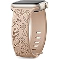 Upeak Floral Engraved Band Compatible with Apple Watch Strap 38mm 40mm 41mm for Women, Soft Silicone Elegant Rose Flower Pattern Replacement Strap for iWatch Series SE 9 8 7 6 5 4 3 2 1