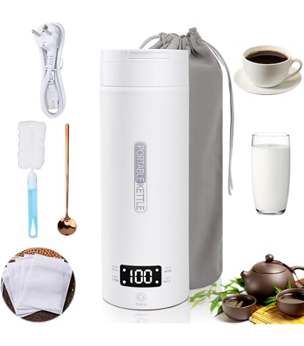 Bollitore Elettrico Da Viaggio, 380ml 3 in 1 Bollitore Elettrico Portatile Mini con Spazzole e sacchetti, Temperatura regolabile, Acciaio Inox 304, Chiusura Automatica per Tè Latte Caffè