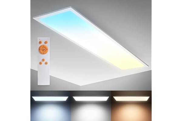 B.K.Licht - Panneau LED avec télécommande, à intensité variable, dalle led, plafond, plafonnier led, lustre salon et cuisine et chambre, panneaux led, 100x25x6,3 cm, blanc