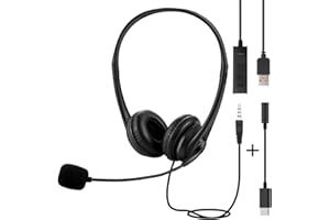 STFMHEZ USB Headset for PC Laptop Phone, 3.5mm / USB / Type-C Jack 3-In-1 Wired Headphones with Noise Cancelling Mic & Audio Controls, Adjustable Headband Headset for Call Centers, Home Office, Online Chat