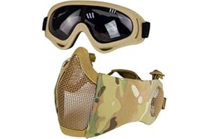 YZPACC Maschera Airsoft con occhiali, pieghevole mezza faccia Airsoft Mesh Mask con protezione per le orecchie per Paintball Shooting Cosplay CS Game