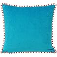 Riva Paoletti Polyester Filled Cushion Blue-Faux Velvet Fabric-Contrasting Coral Orange Pompom Edges-Hidden Zip Closure-100% Soft (18" X 18" Inches), Cotton, Teal, 45 X 45Cm