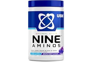 USN Nine Aminos – BCAA Amino Acids & EAA Essential Amino Acids Powder with Added Magnesium & Coconut Water Powder to Support Recovery and Hydration. Grape Fizzy Pop Flavour (330g – 30 Servings)