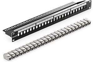 deleyCON 24 Porto Pannello Delle Patch Set Modulare 1 IU 19" Pollici Montaggio Rack + 24x RJ45 Keystone Moduli CAT6a Compatibile con CAT5 CAT6 CAT7 LAN Cavi di Rete Cavi di Posa Nero