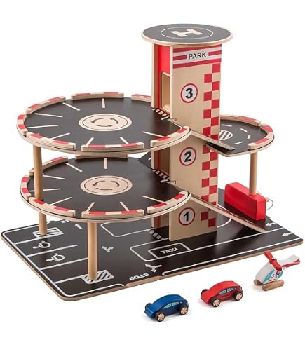 Garaje De Madera Bayer Chic 2000 – Aparcamiento De 3 Pisos Con Ascensor Y Helipuerto, Incluye 4 Coches Y Señales De Tráfico, Juguete Educativo Desde 3 Años