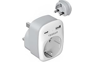 ‎TESSAN TESSAN Adapter podróżny, UK adapter Anglia Niemcy wtyczka z 2 USB, adapter gniazda wtykowego wtyczka podróżna adapter prądu do Irlandii Wielka Brytania ściana ładowarka stacja