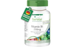fairvital Vitamin B1 (tiamin) 250mg, 120 kapslar, lättsvälta, kvalitetskontrollerade och högdoserade, 100% veganska, tillverkade i Tyskland