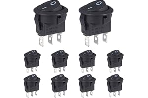 VEXUNGA Rocker Switch Rocker Switch 3-Pin Round Switch 6A 250V AC 10A 125V 3 Terminals 2 Position On/Off Black Built-in Switch Self-Locking Square Round for Car Boat (Pack of 10)