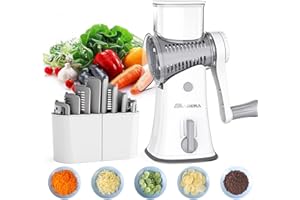 Rotary Cheese Grater Vegetable Slicer,EA ARENA 5 in 1 Rotary Drum Blades Rotary Grater Slicer Multi Cheese Shredder for Kitchen, Round Tumbling Slicer for Fruits, Vegetables, Nuts (White)