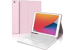 JADEMALL Etui Clavier avec Touchpad pour iPad 10.2" 9e/8e/7e Generation, AZERTY Clavier avec Pavé TactileDétachable sans Fil Clavier avec Porte-Crayon, Rose